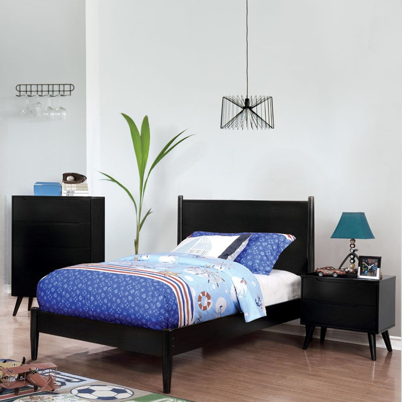 Ensemble de 3 pièces en bois comprenant un lit, une table de chevet et une commode, style plateforme moderne du milieu du siècle.