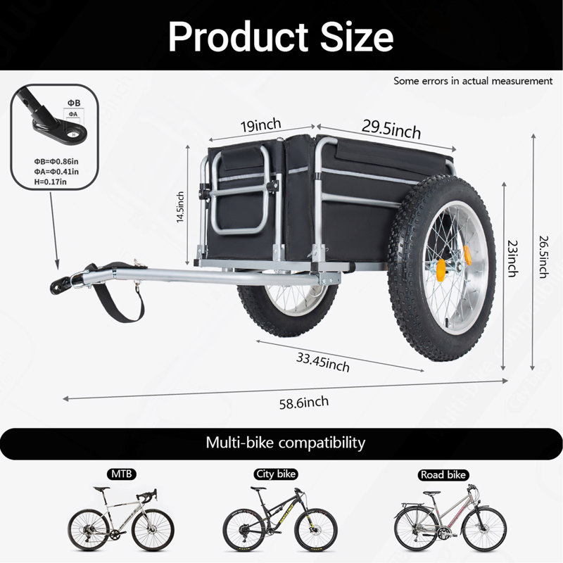 Remorque cargo robuste pour vélo avec pneus larges de 23 po x 4 po, capacité de 150 lb, chariot utilitaire pliable pour vélo avec attelage universel pour le camping et le transport