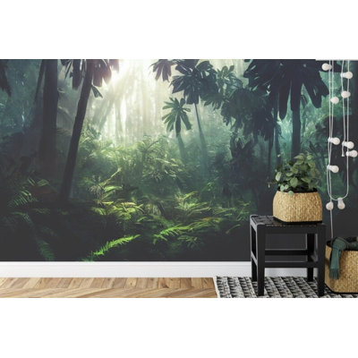 Dark Tropical Rainforest Wall Mural, Moody Jungle Wallpaper, Deep Green Exotic Nature Landscape Design