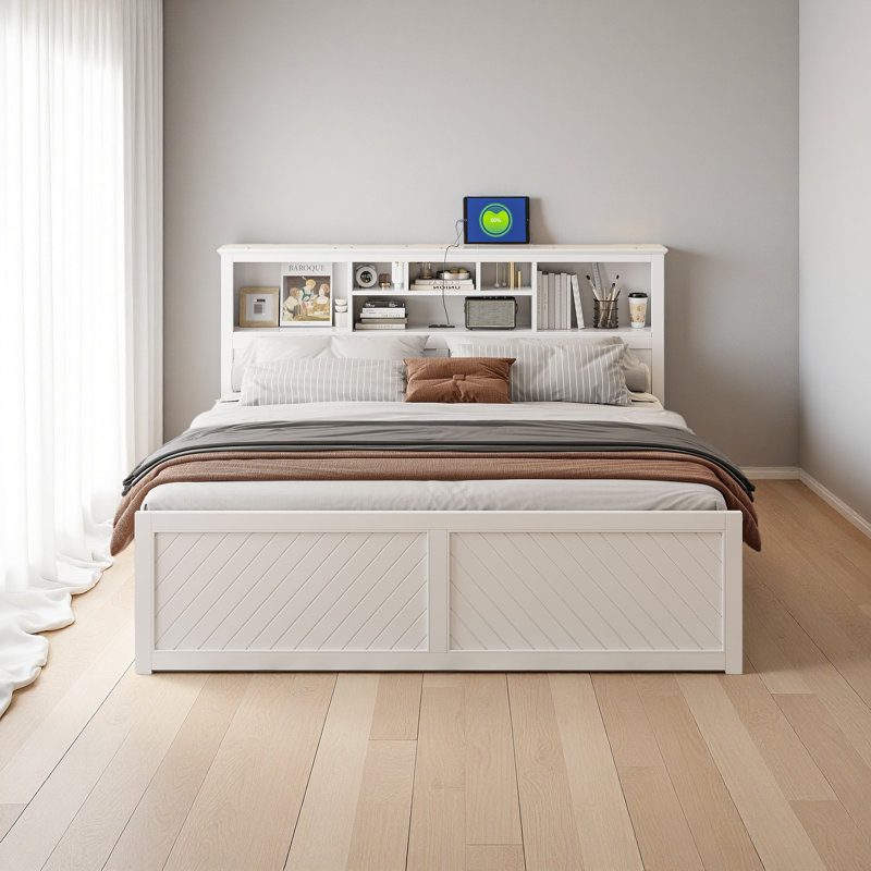 Lit plateforme très grand en bois avec tête de lit multi-rangement, USB et tiroirs, Blanc