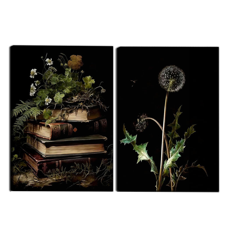 Ensemble de 2 reproductions d'art mural sur toile, livre imprimé floral rétro 12 "x 16"