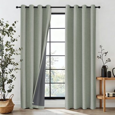 Textured Faux Linen Sage Green Thermal Insulated & Noise Reducing Grommet Blackout Curtain Panels, Set of 2, 42"W x 72"L