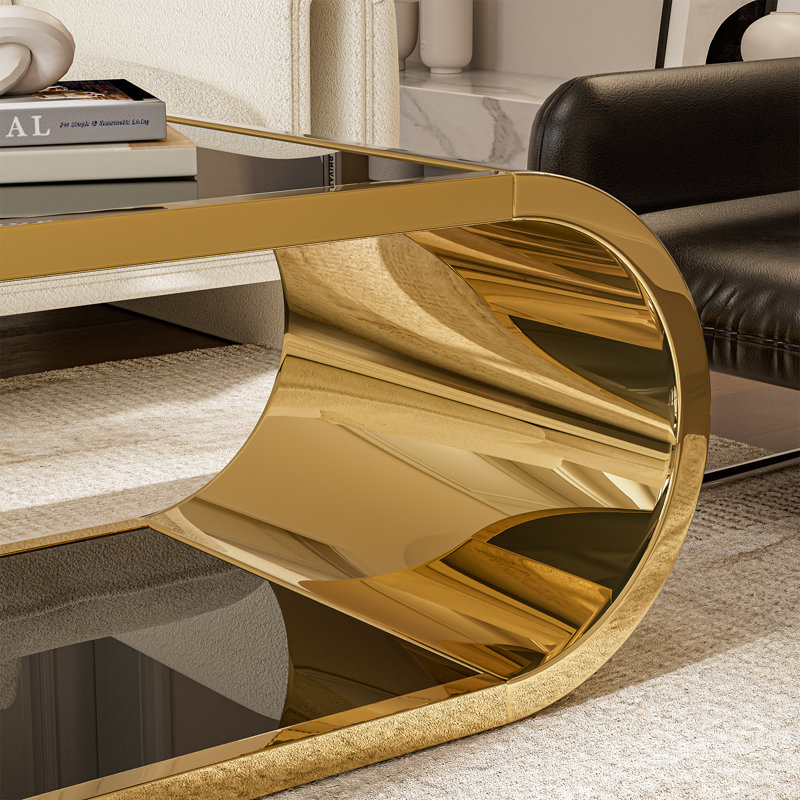 Everly Quinn Gold Stainless With Glass Coffee Table, Modern Coffee Table For Living Room, 2-tier Glass Top Coffee Table With Large Space Fashion Design Coffee Table