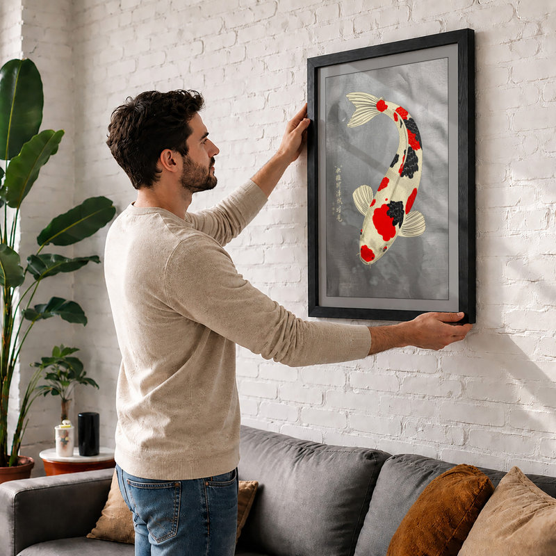Flowing Koi Japandi - Framed Print, A3 - 42.0 x 29.7 cm, Oak