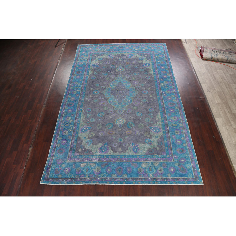 Tapis unique en laine noué à la main des années 1950 en bleu / mauve / gris