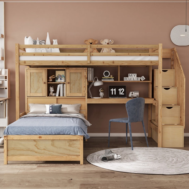 Lit mezzanine simple avec bureau intégré Escalier - Pin massif & amp; Panneau de fibres à densité moyenne, sans sommier, H 67,5 po