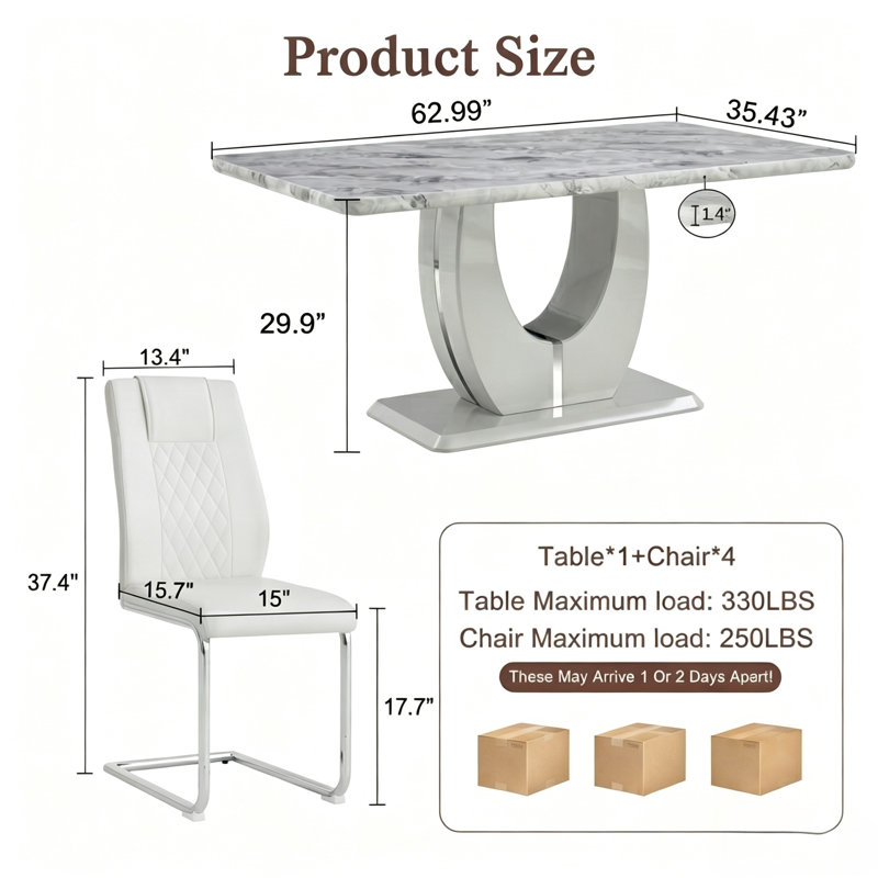 Kimara 5-Piece Modern 63" Rectangular Faux Marble Pedestal Dining Set, White, 5 Pieces: Table, 4 Chairs