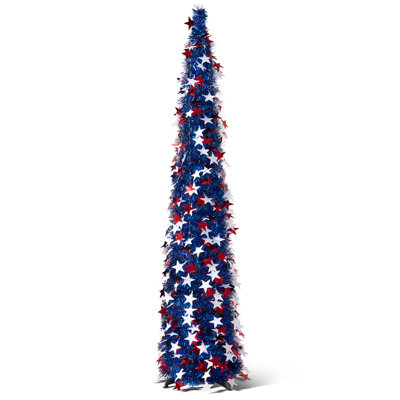 Hambly 5ft Artificial Patriotic Pop-Up Tinsel Tree - Shimmering Star Pattern Design - Collapsible Holiday Tree for 4th of July, Independence Day & Memorial Day Decor