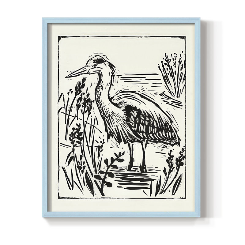 Linocut Style Seabird I, reproduction encadrée - bois massif, H 21 po x l 17 po, Bleu