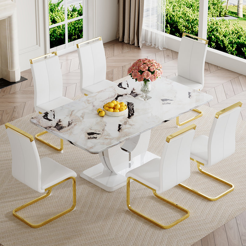 Ensemble de table de salle à manger, Blanc / doré, Dalishis, 7 pièces