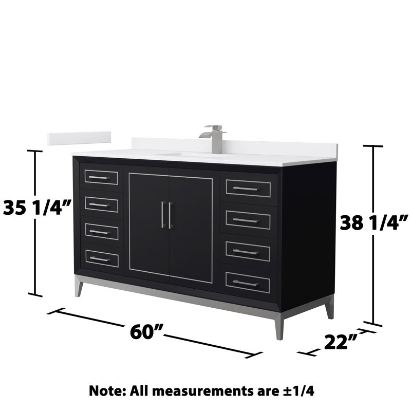Ensemble de meuble-lavabo simple 60 po Marlena, Marbre de culture blanc, Noir, Nickel brossé