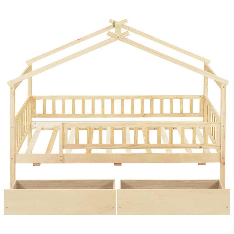 Lit simple avec tiroirs de rangement en bois de pin massif, couleur naturelle, spacieux, têtes de lit incluses et confortable