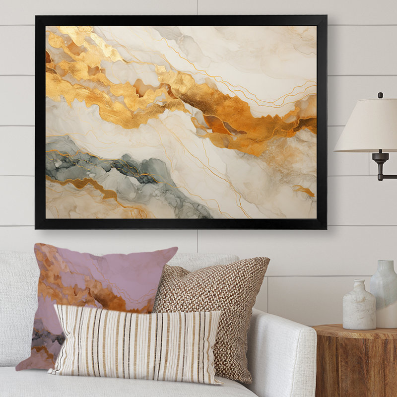 «Bold Beige and Gold Mountain Glacier I», reproduction d'art sur toile abstraite, Cadre simple noir