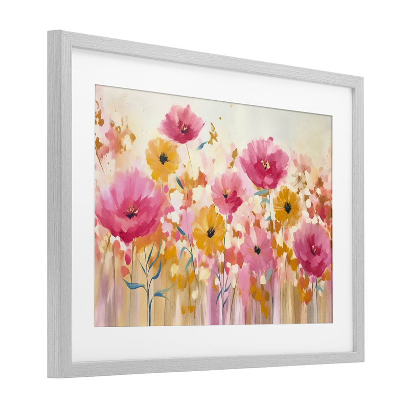 Blooming Whimsy, impression encadrée sous verre rose et jaune, design par Andrea Haase, Cadre de ferme gris