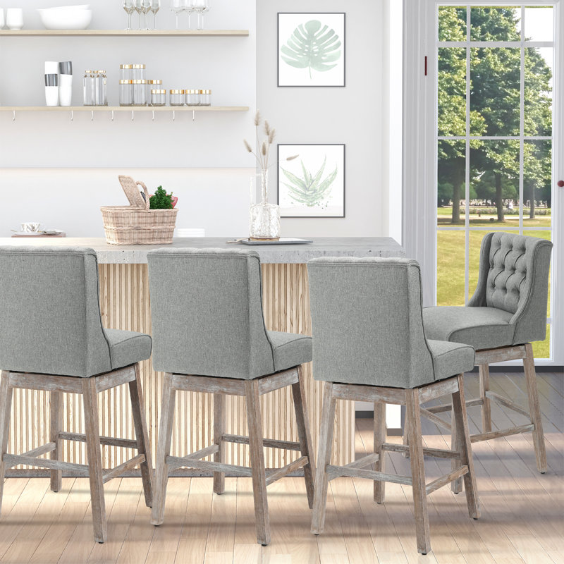 Chewning , 180 Degree Swivel Kitchen Island Stool Dining Room Chairs with Solid Wood Footrests and Button Tufted Design, Gray