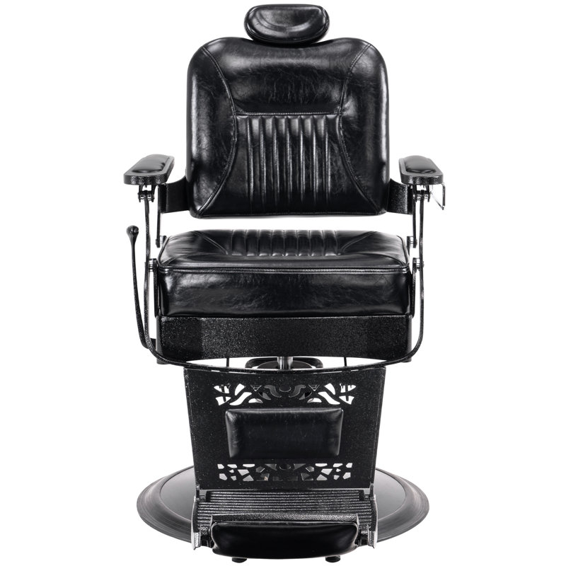 Barberpub 27" Wide Vegan Leather Heavy Duty Metal Vintage Barber Chair, All Black Faux Leather