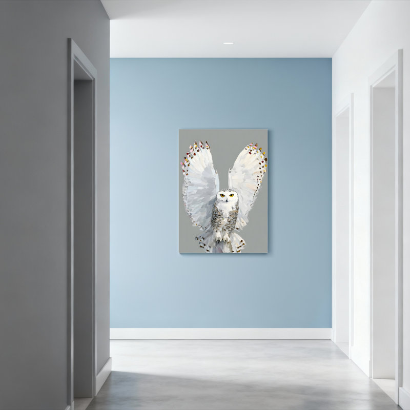 Chouette des neiges aux ailes déployées, toile tendue sur châssis, ensemble de 1, H 24 po x l 16 po