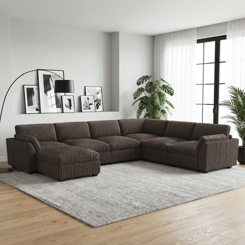 137.8" W U-Shaped Modular Sectional , Brown Corduroy