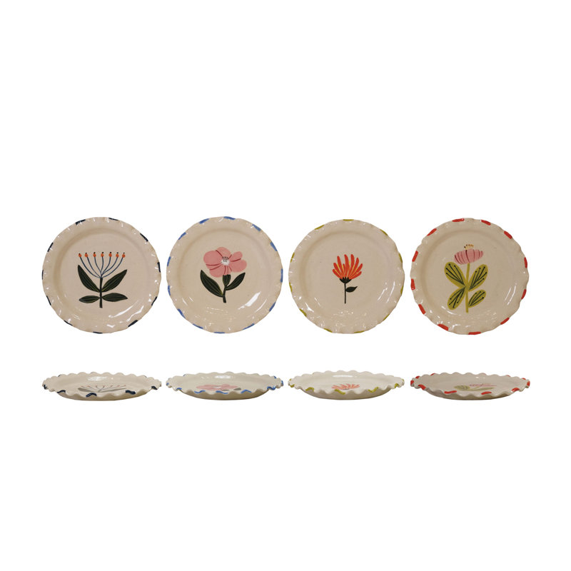 Ensemble de 4 assiettes en grès peintes à la main avec image florale et bord volant