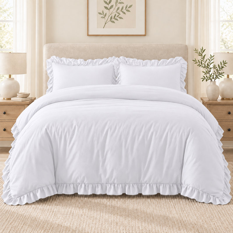 Édredon blanc grand lit Andency, ensembles d'édredon pour grand lit 3 pièces à volants, ensemble de lit toutes saisons léger et moelleux pour les filles, les femmes et les adolescents