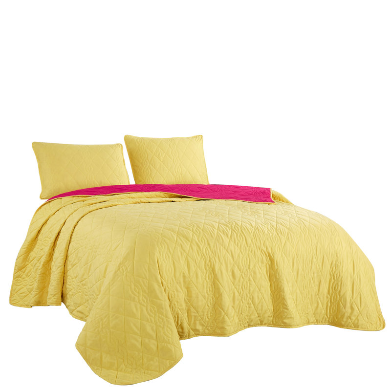 Couvre-lit 3 pièces Luxury, King Coverlet/Bedspread + 2 King Shams, Jaune / rose vif