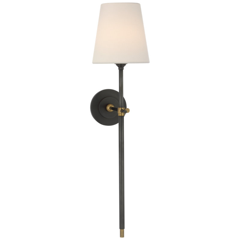 Thomas O'Brien Bryant 27" Cordless Tail Sconce with Linen Shade, Bronze/Hand-Rubbed Antique Brass