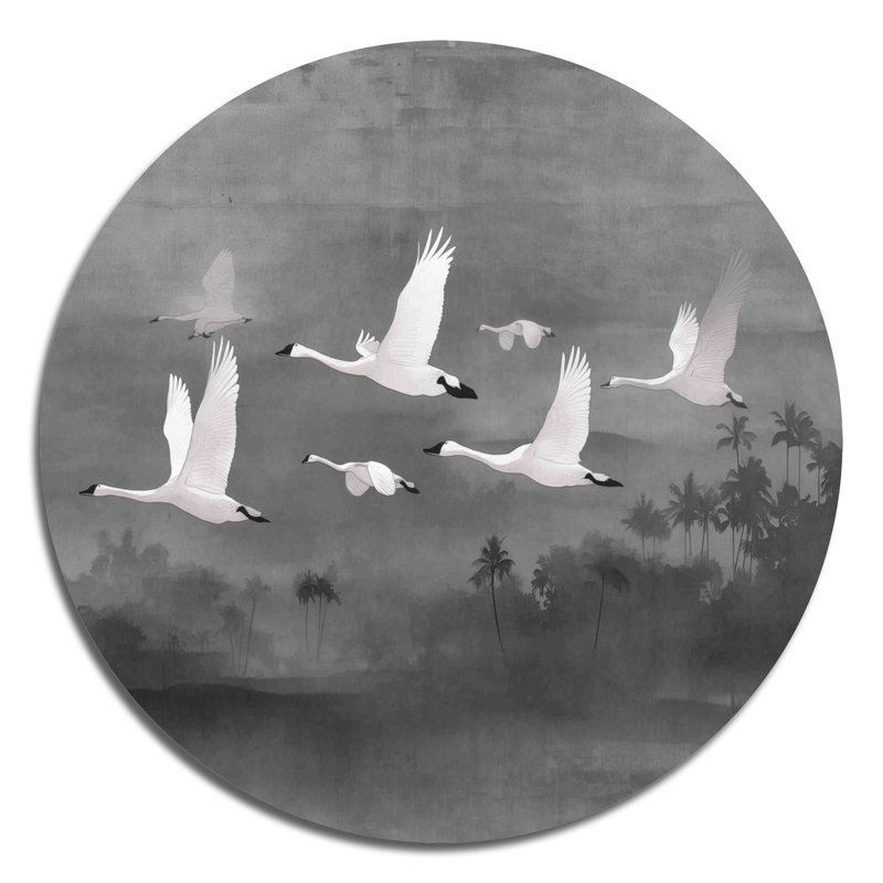 Cygnes blancs en transition vers la baie de Chesapeake - animaux, art mural rond en métal, L 23 po x H 23 po