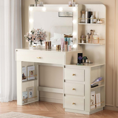 Makeup Vanity Desk With Mirror And 3 Colors Lights, Vanity Table With 10 Led Bulbs & Power Outlet, Large Dressing Table With 4 Drawers, 6 Storage Shelves For Bedroom, Black