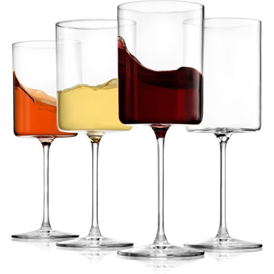 Square Crystal Wine Glasses Set Of 4 - European-Made Handblown 14 Oz Gift Packed Glasses - Large White & Red Wine Goblets W/Laser-Cut Rim, Dishwasher-Safe Clear Glass Gifts Set