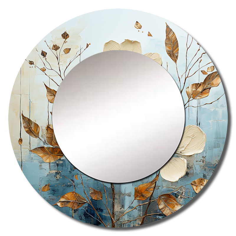 Serhan Leaf And Flower Charm In Winter I - Leaves Decorative Mirror, Beige Round Wall Mirror, Printed Metal Art, 29" x 29"