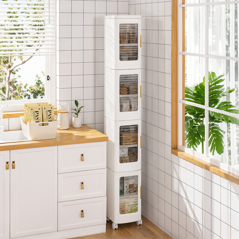 Aarn 4 Tier Folding Stackable Storage Box, Stackable Storage Drawers On Wheels, Bathroom Floor Cabinet With Doors