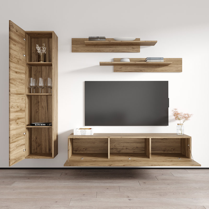 Violette 85" Modern Floating Wall Mounted Entertainment Center with 16-Color LED Lighting, High Gloss Finish, Oak