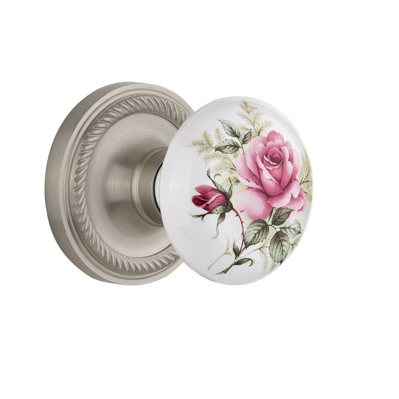 Rosette corde avec bouton de porte en porcelaine blanche, Nickel satiné