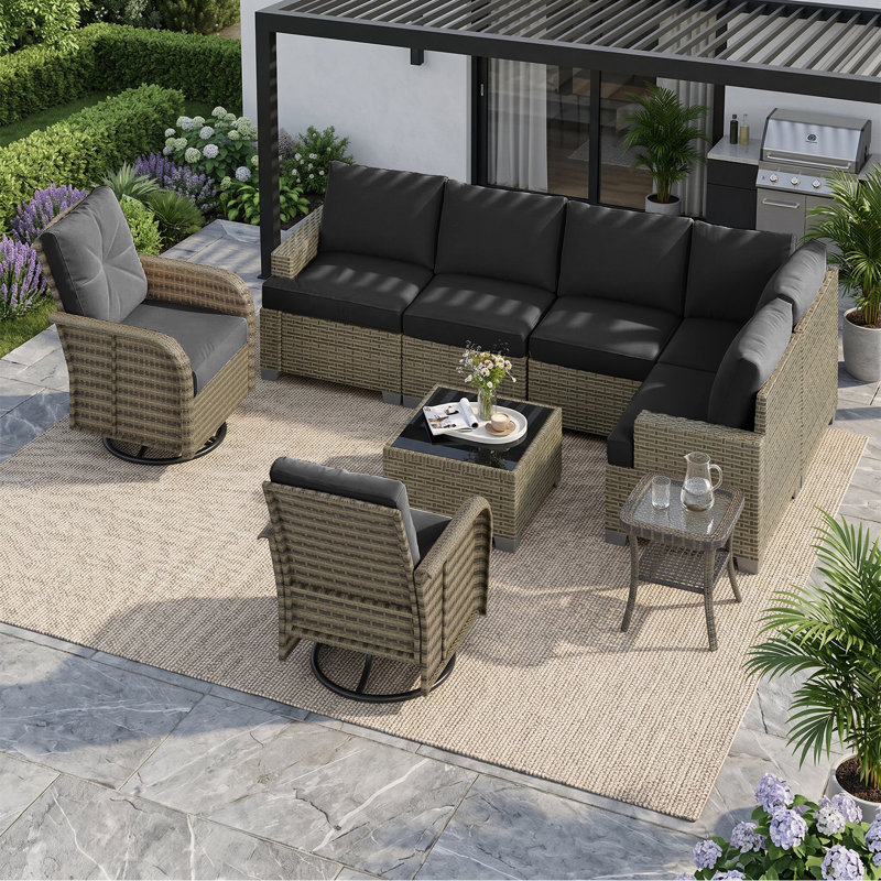 Ensemble modulaire de patio en osier toutes saisons avec 2 chaises pivotantes pivotantes, Black/Dark Grey