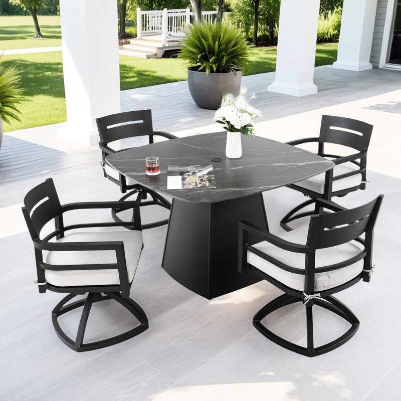 44" Rounded Square Sintered Stone Table 5 Outdoor Pedestal Dining With 4 Swivel Rockers, Weather- Fabric And Removable Cushions Patio Table, Rust- Aluminum