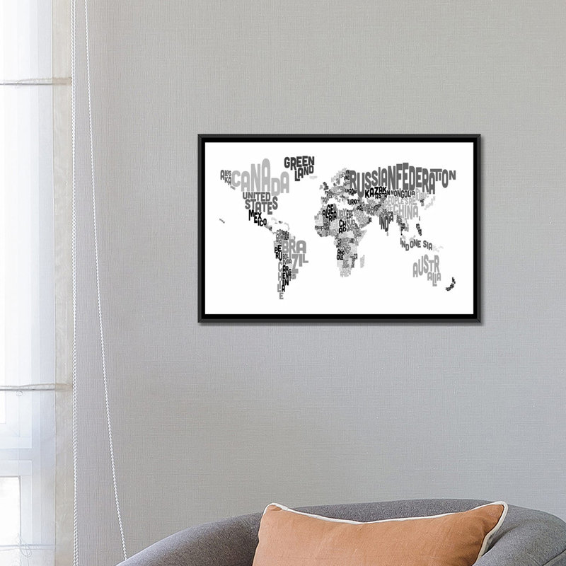 «Typographique Text World Map V» par Michael Tompsett, reproduction d'art sur toile, H 18 po x l 26 po x P 1,5 po