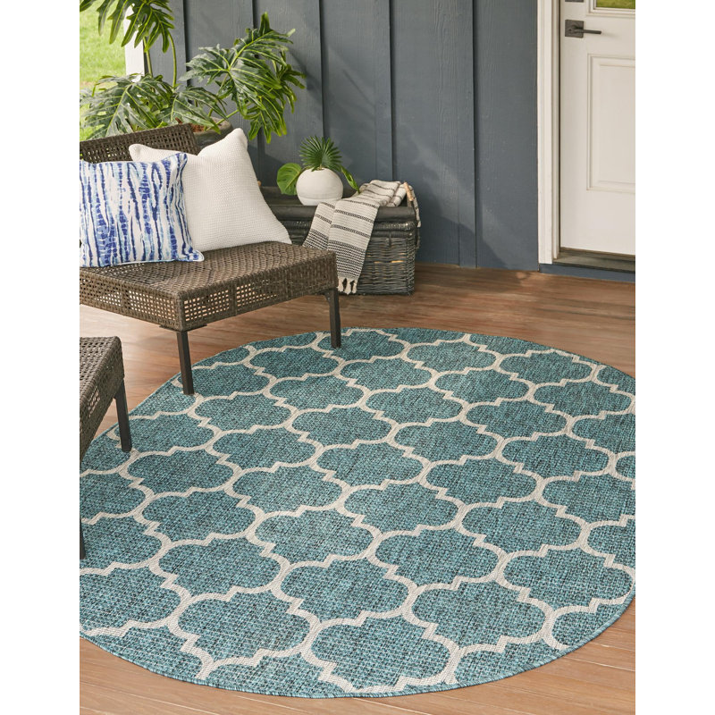 Annetrude Geometric Indoor / Outdoor Rug, Oval 3'3" x 5'3", Teal