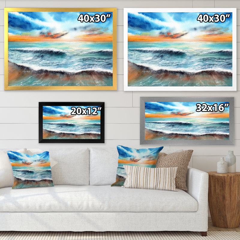 Coucher de soleil sur la mer avec un ciel bleu et orange - reproduction sur toile, H 24 po x l 32 po x P 1 po