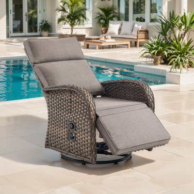 59" Outdoor Wicker Poolside Reclining Swivel Single Chaise Lounge With Adjustable Recliner And Cushions