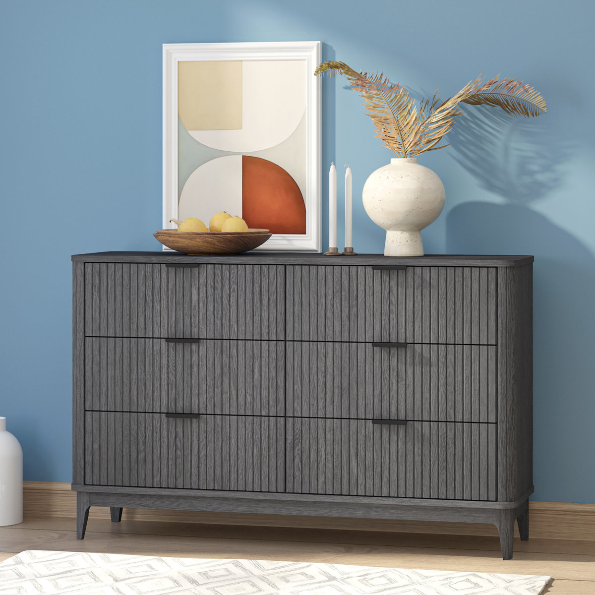 Aleena 53.7" Modern Chest Of Drawers With Deep Drawers, 6 Drawer Wood Dresser With Vertical Stripe Pattern, Fluted Dresser For Bedroom 