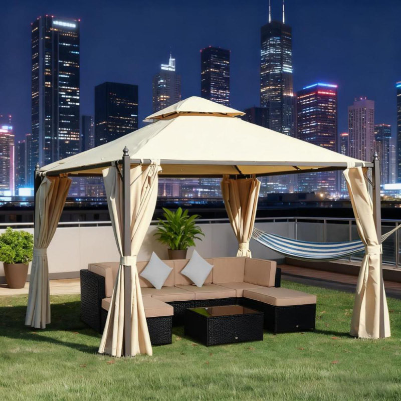 Pavillon de jardin extérieur en acier 10 'x 10' avec rideaux d'intimité en polyester