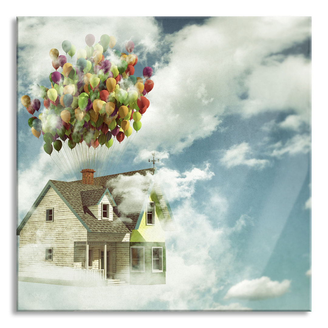 Glasbild Haus mit Luftballons