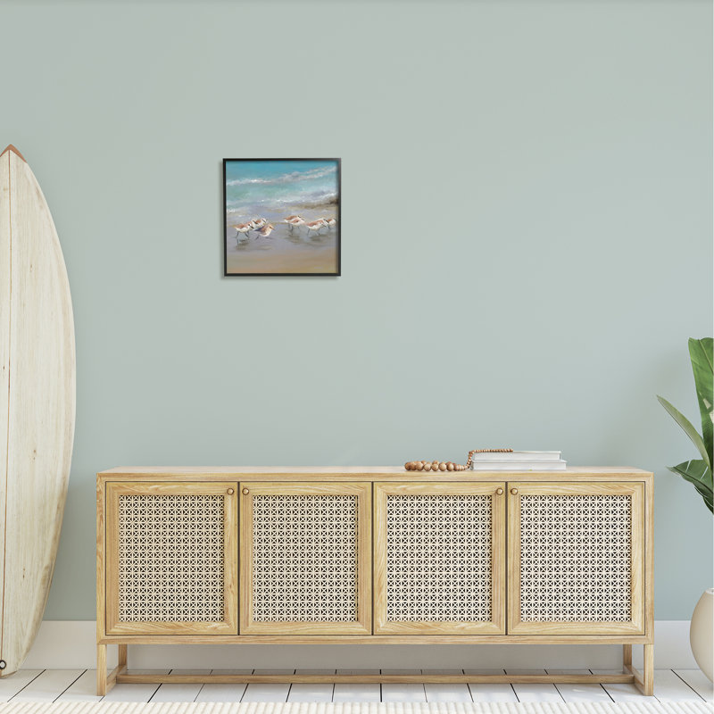 «Coastal Sandpipers Beach Waves Shore» par Rick Novak - peinture à cadre flottant sur bois, H 17 po x l 17 po x P 1,5 po