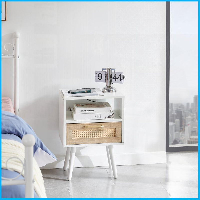 Table basse en rotin blanc avec USB & amp; Prise de courant - Pieds en bois massif, faciles à nettoyer Assemblage pour salon / chambre à coucher