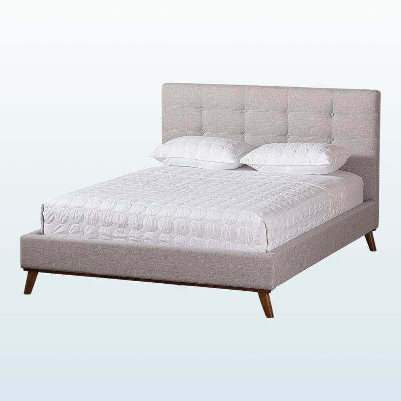 Valencia Queen-Sized Greyish Beige Tufted Upholstered Bed with Walnut Legs