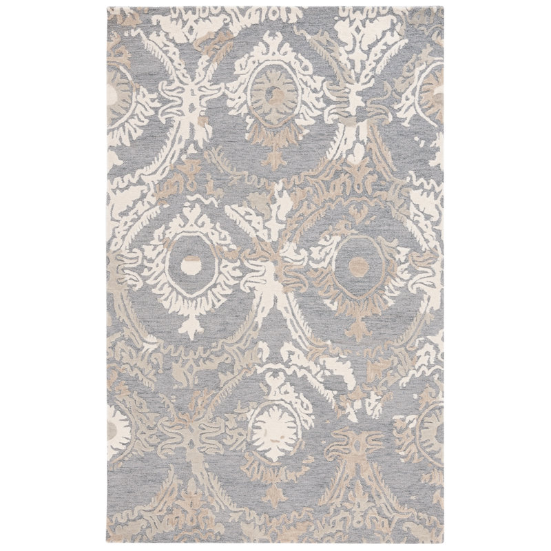 Delaina Ebony Hand Tufted Wool/Cotton Damask Rug in Gray/Ivory, Rectangle 3' x 5'