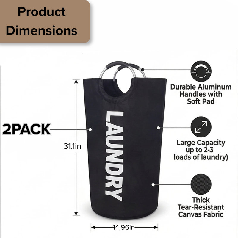 90L Laundry Basket, Waterproof Laundry Hamper, Laundry Bag with Handles, Clothes Hamper Stands Up Well, Collapsible Laundry Basket Easy Storage(Set of 2)