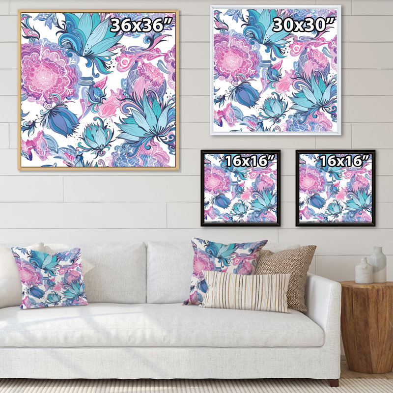 Fleurs romantiques élégantes en rose et bleu - Impression sur toile, H 16 po x l 16 po, Cadre flottant en érable