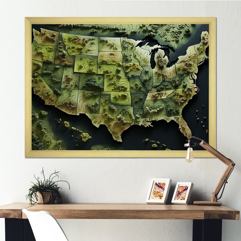 «USA Map Eco Expanse», reproduction d'art sur toile, Cadre doré simple, H 12 po x l 20 po x P 1 po