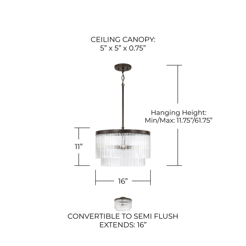 Luminaire suspendu 17 po x 3 lumières H 17,5 po x l 11,5 po avec verre cannelé biseauté transparent, Bronze frotté à l'huile